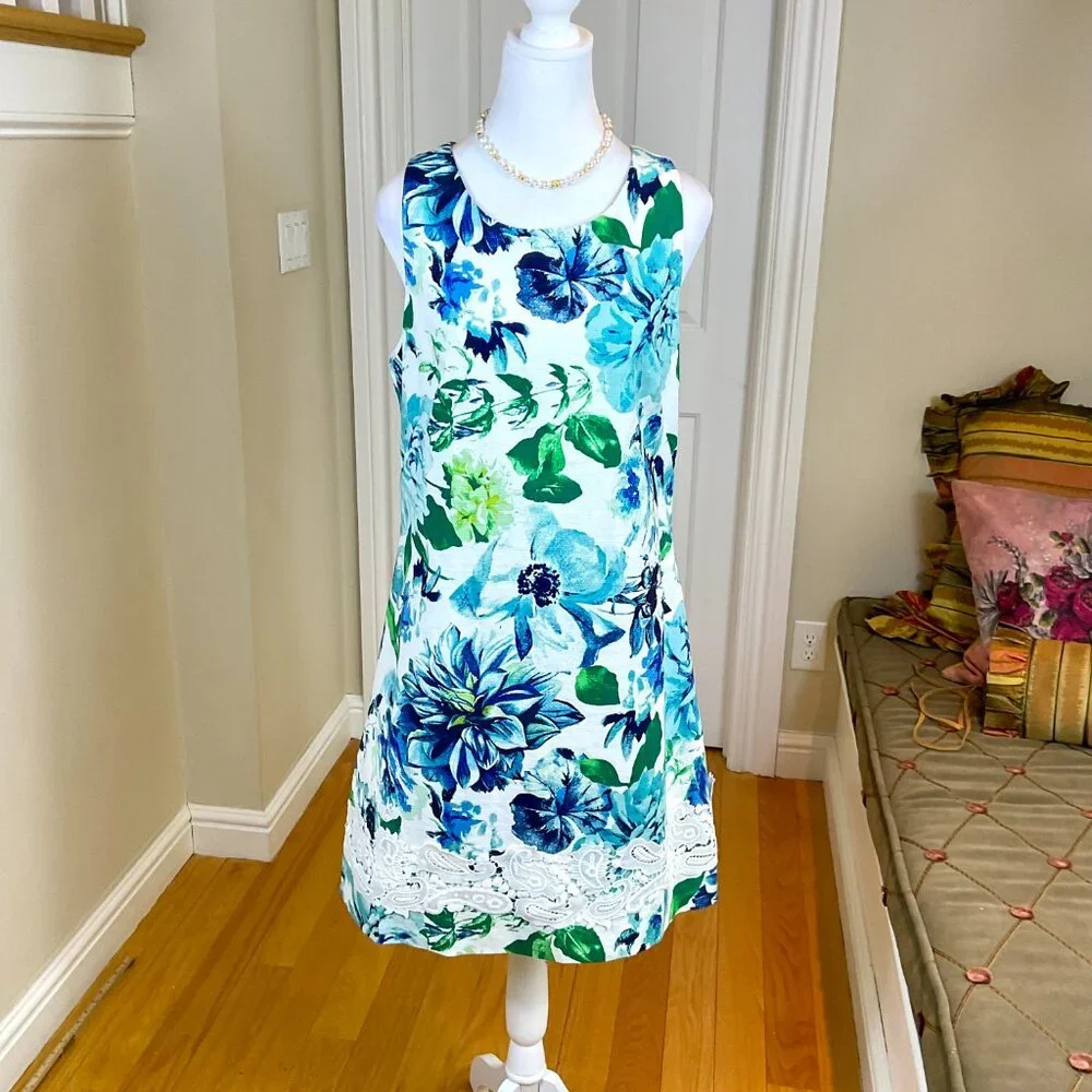 Eliza J Dress Floral Blue Green Cotton (12) - Picture 2 of 7